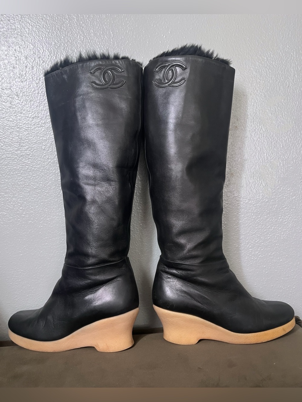 CHANEL Black Leather calf high Boots with Beige Wedge Sole and Fur lining